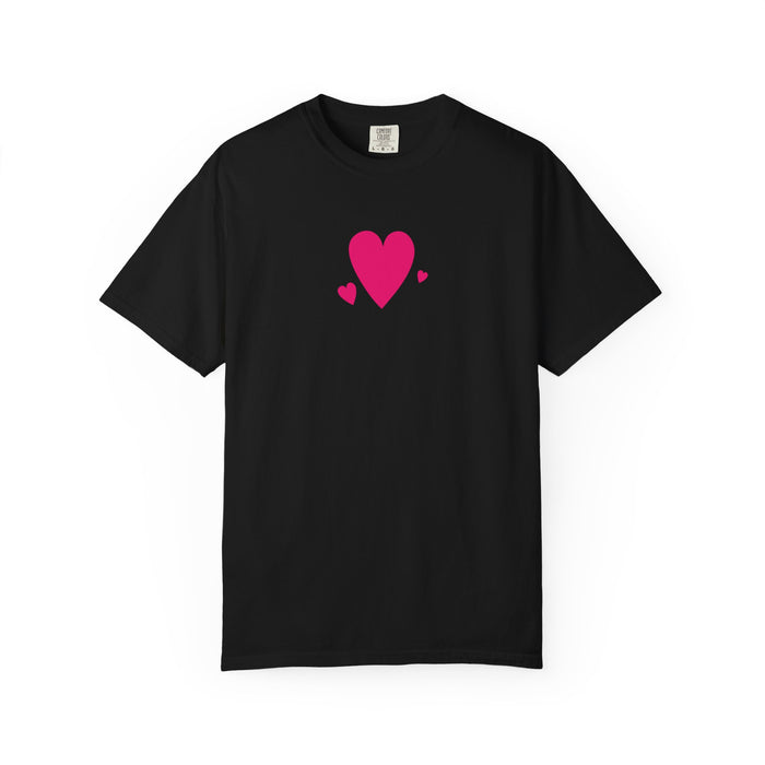 Black Comfort Colors graphic tee from thtgrlreads featuring a simple printed design of three pink hearts, part of the Book Bestie and Tees collections.