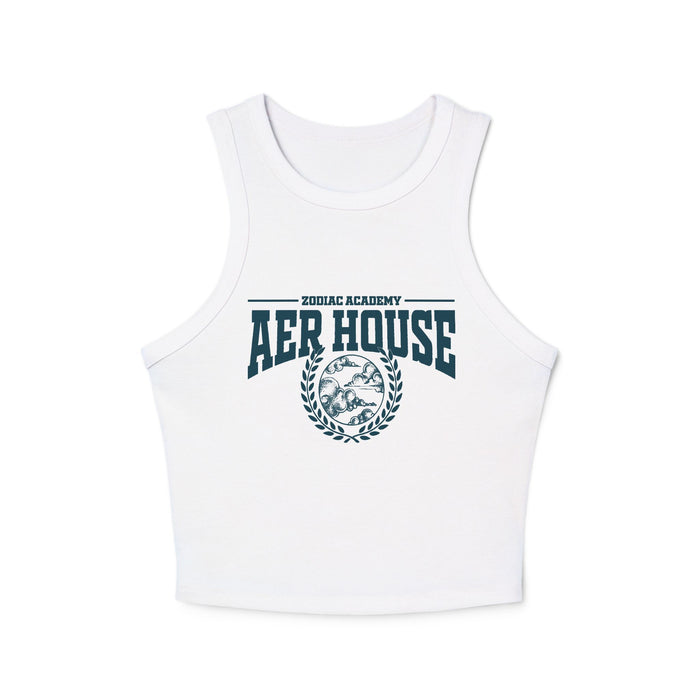 Zodiac Academy-themed white comfort colors cropped tank from thtgrlreads with vintage washed fabric and bold Aer House graphic print, perfect for back to school style.