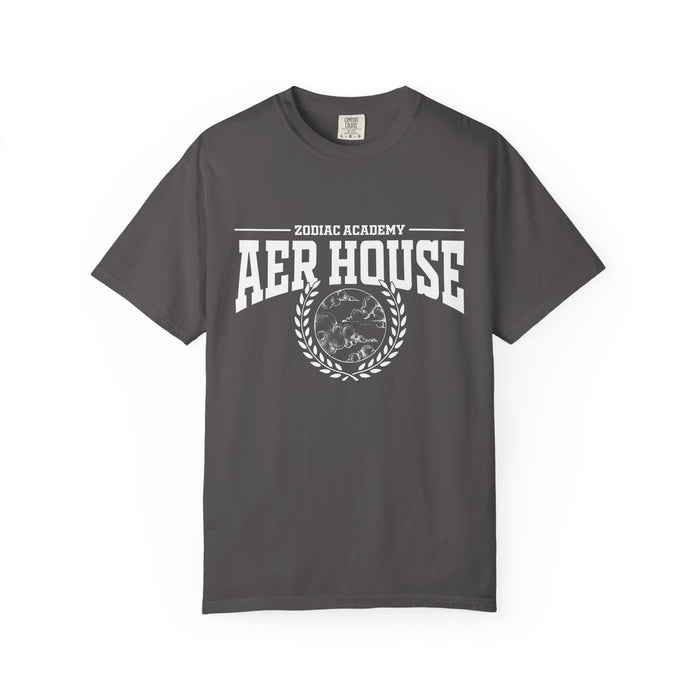 Thtgrlreads Zodiac Academy collection Comfort Colors graphic tee in vintage wash with bold white varsity-style "Aer House" text and laurel wreath emblem on charcoal gray fabric.