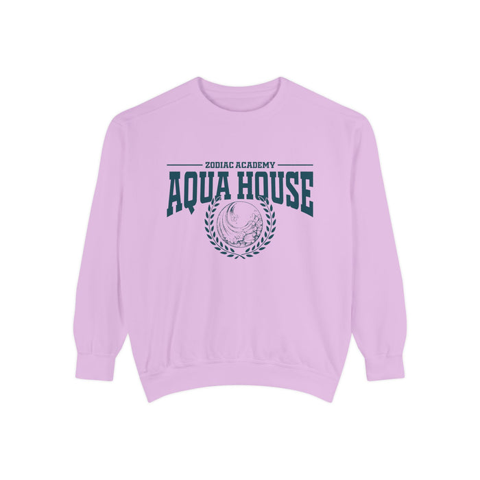 Zodiac Academy crewneck sweatshirt from thtgrlreads featuring vintage-style Aqua House graphic in dark teal on a soft, lavender Comfort Colors fabric, part of Back to School merch.