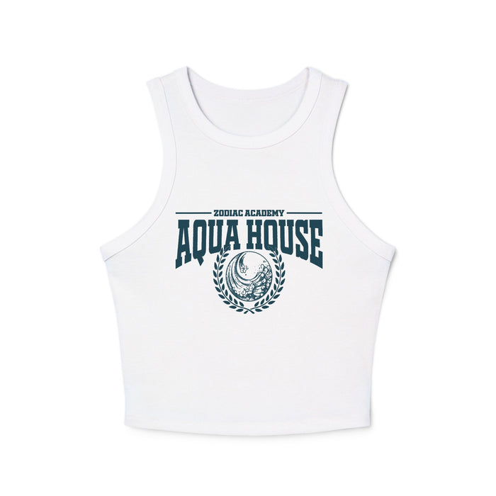 Zodiac Academy Aqua House women's cropped tank top from thtgrlreads featuring a vintage wash white Comfort Colors fabric with bold navy graphic text and emblem.