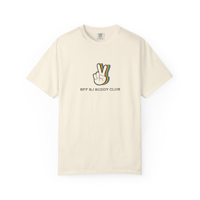 Thtgrlreads Zodiac Academy collection features a vintage wash Comfort Colors graphic tee in cream with a retro peace hand print and "BFF BJ Buddy Club" text, perfect bookish merch.