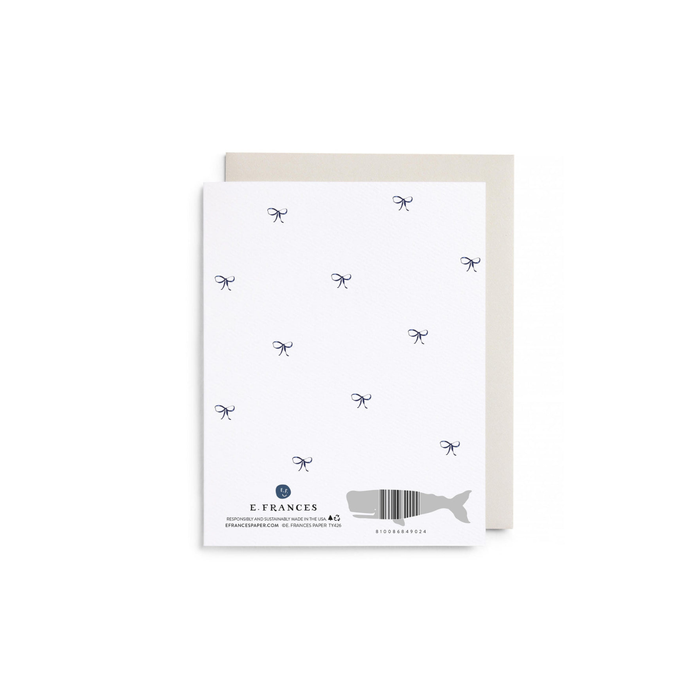 Thank you card with navy bow pattern, E. FRANCES logo, and barcode