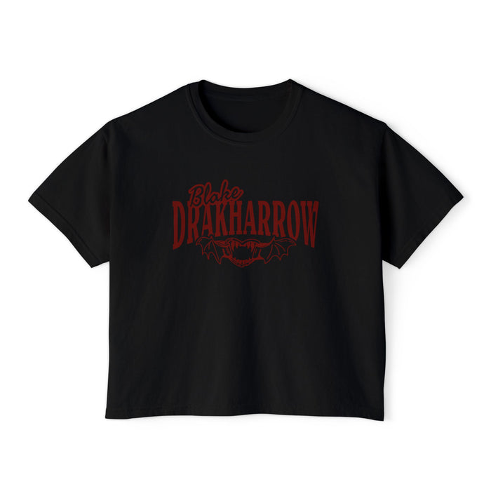 A black cropped Comfort Colors graphic tee from thtgrlreads featuring "Blake Drakaharrow" in bold red gothic script font above a red bat illustration.