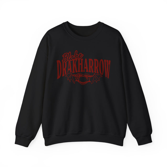 Black oversized crewneck sweatshirt from the Bloodwing Academy collection by Thtgrlreads, featuring vintage red gothic script and bat graphic inspired by Blake Drakharrow.