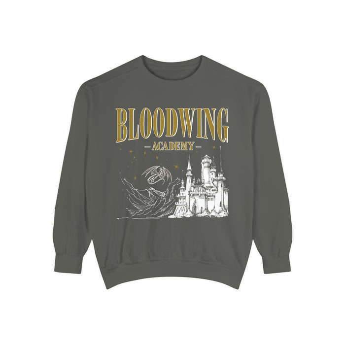 Bloodwing Academy crewneck sweatshirt from thtgrlreads featuring a vintage-wash Comfort Colors base with a detailed print of a castle and dragon, part of the Bloodwing Academy collection.