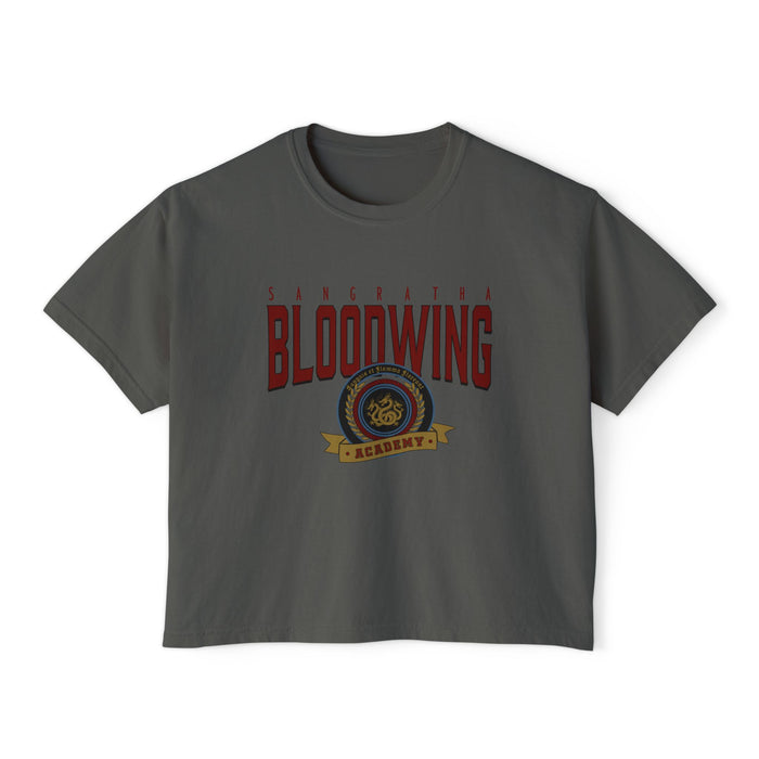 Bloodwing Academy crop top from thtgrlreads featuring a vintage wash Comfort Colors fabric with bold red gothic text and detailed emblem graphic, part of Bloodwing Academy and Tees collections.