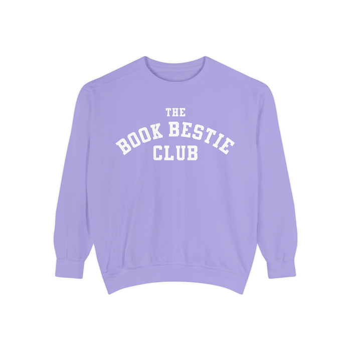 thtgrlreads Book Bestie cozy oversized crewneck sweatshirt in vintage-wash lilac with white collegiate-style printed text, part of the Book Bestie and Crewnecks collections.