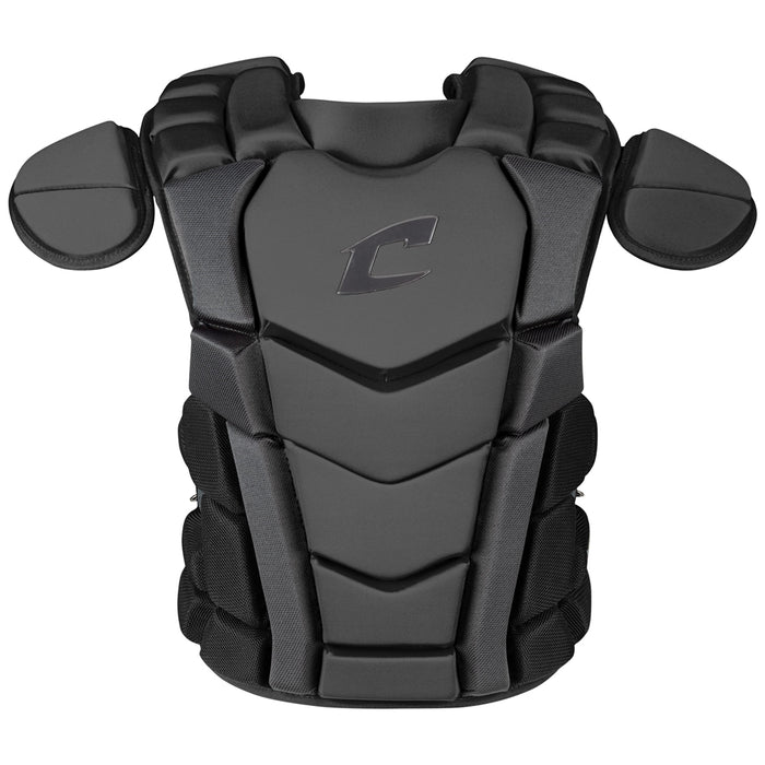 The Champro Sports Optimus Champion Plus Catcher's Chest Protector (CPN3) features a black segmented, padded design with shoulder guards, a central stylized C logo, and built-in cardiac protection meeting NOCSAE standards.