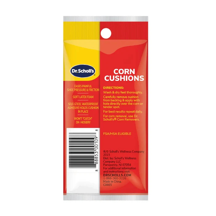 Dr. Scholl’s Corn Cushions back label with directions and barcode