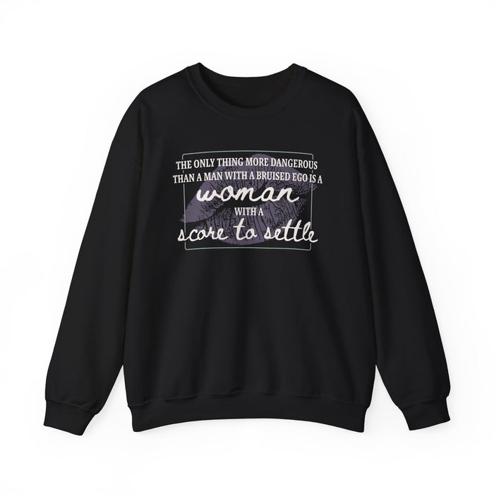 Thtgrlreads Poison Daughter collection oversized crewneck sweatshirt in black Comfort Colors fabric featuring a vintage puff print quote about a dangerous woman with a score to settle.