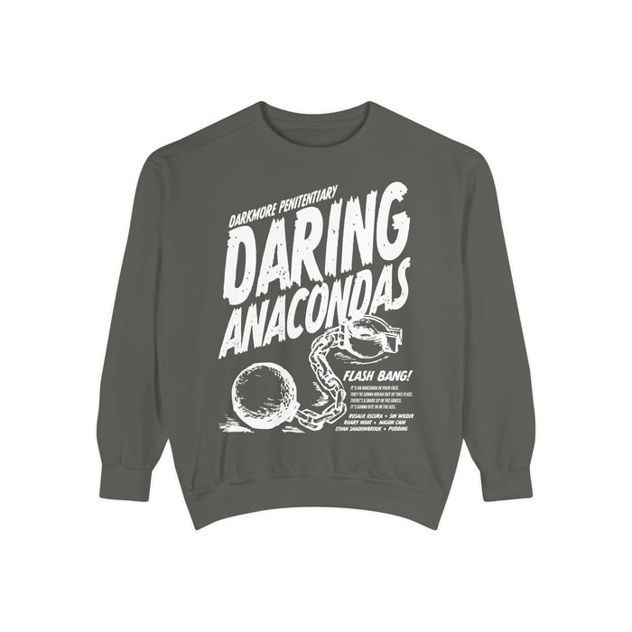 Darkmore Penitentiary-themed cozy oversized crewneck sweatshirt in muted gray with bold white vintage puff print graphic reading "Daring Anacondas" alongside handcuffs and ball-and-chain illustration, from thtgrlreads.