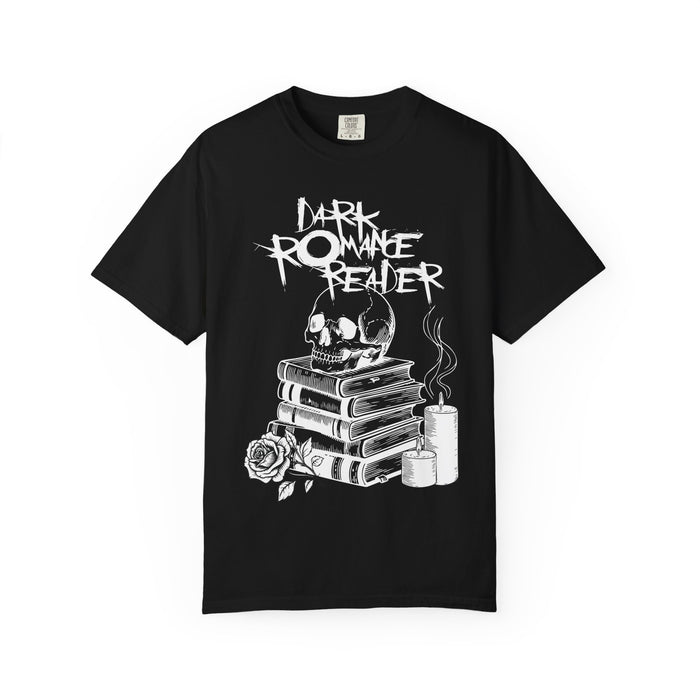Thtgrlreads Dark Romance Reader Tee from the Book Bestie and Off Brand collections, a vintage-wash Comfort Colors graphic tee featuring gothic script and a skull with stacked books, candles, and a rose design.