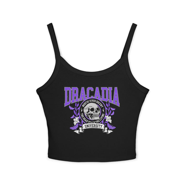 thtgrlreads Nocticadia collection black Comfort Colors tank top featuring a vintage-style purple and white Dracadia University graphic with skull and floral design, cozy bookish merch from tees collection.
