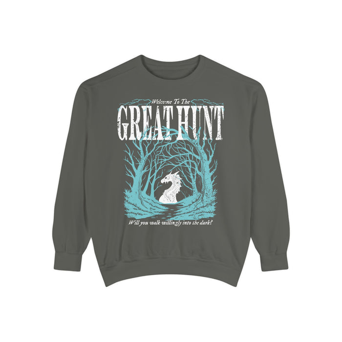 Thtgrlreads crewneck sweatshirt from the Hollow collection featuring a vintage-wash dark green Comfort Colors base with a pale blue and white graphic of a horse head framed by twisted trees and text in a gothic font.