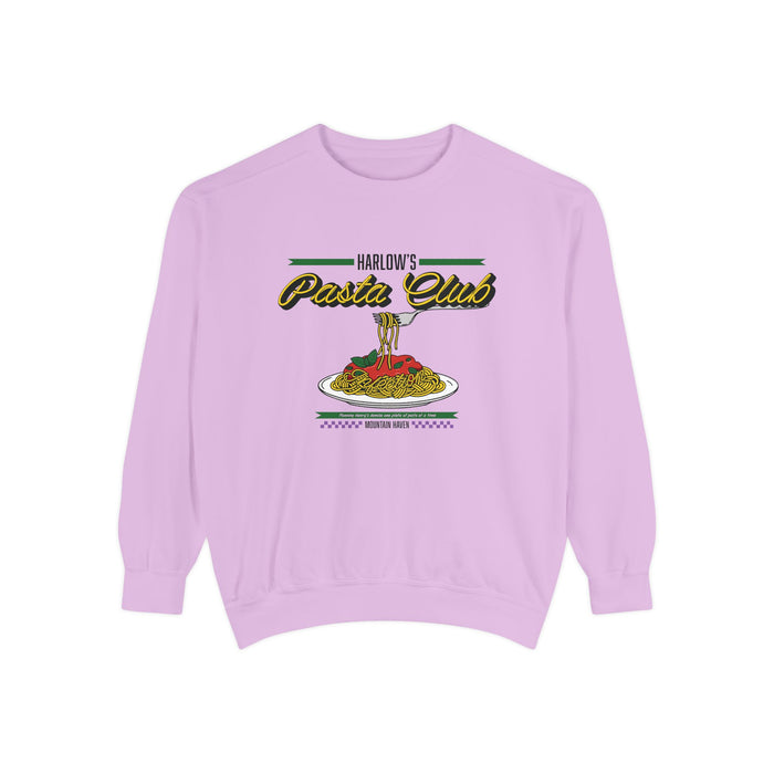 thtgrlreads officially licensed crewneck from The Poison Daughter collection featuring a vintage-wash Comfort Colors lavender oversized sweatshirt with a retro pasta club graphic and bold text design.