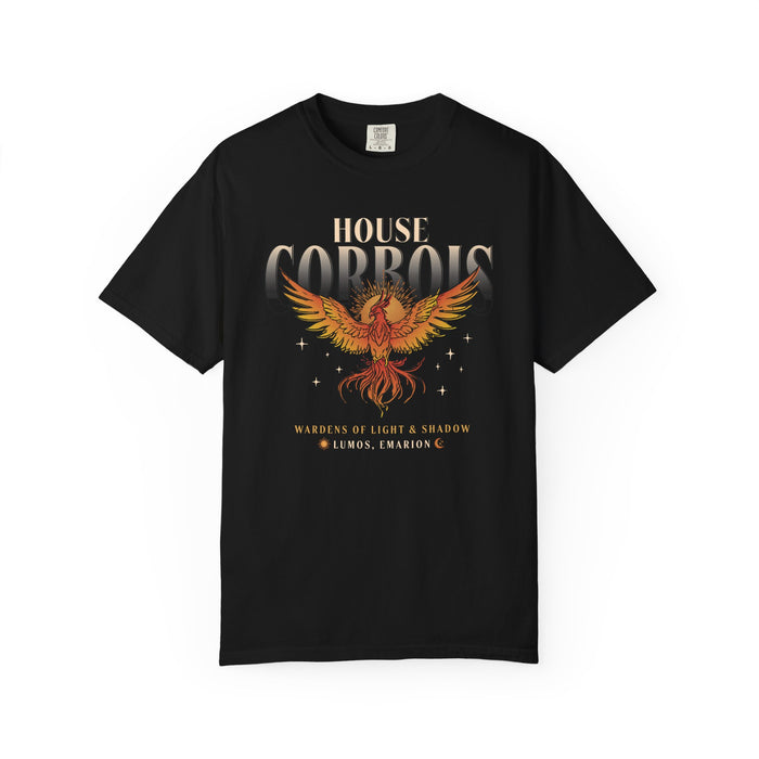 thtgrlreads black Comfort Colors graphic tee featuring a vintage-style phoenix illustration and "House Corbois" text with "Wardens of Light & Shadow" inspired by fantasy romance themes.