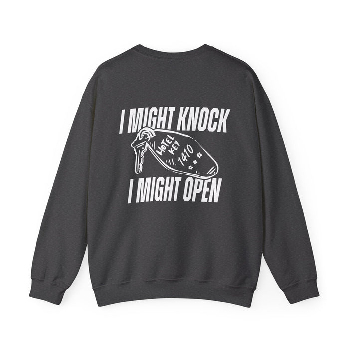 thtgrlreads oversized crewneck sweatshirt in vintage black with bold white text graphic "I Might Knock I Might Open" and a hotel key illustration on the back.