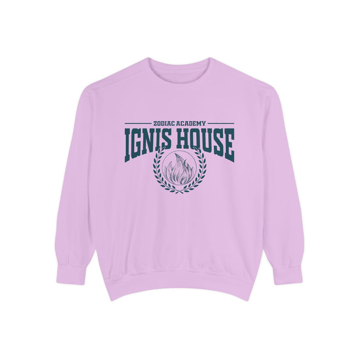 Zodiac Academy sweatshirt from thtgrlreads featuring a cozy oversized Comfort Colors crewneck with vintage-style "Ignis House" text and flame graphic in navy blue.