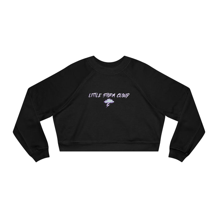 Thtgrlreads Lady of Darkness & Legacy Series cropped sweatshirt in black Comfort Colors fabric featuring a small vintage-style purple storm cloud and lightning graphic with "Little Storm Cloud" text.