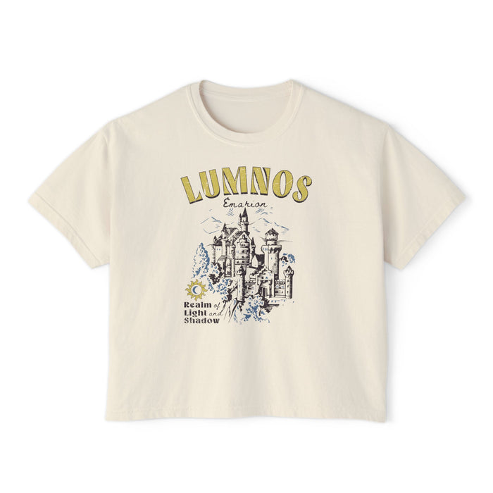 A vintage wash crop top from thtgrlreads inspired by the Kindred's Curse Saga featuring a Comfort Colors base with a graphic print of a castle and text in a classic fantasy style.