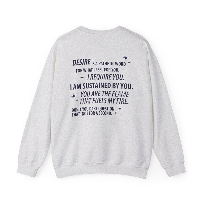 thtgrlreads official Kindred's Curse Saga crewneck sweatshirt featuring a vintage-washed Comfort Colors base with bold black text graphic quoting intense romance on the back.