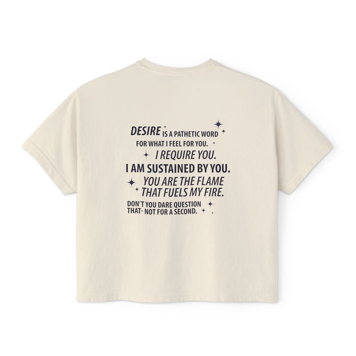 Kindred's Curse Saga crop top from thtgrlreads features vintage wash Comfort Colors fabric with a bold text graphic expressing intense romantic devotion, part of Tees collection.