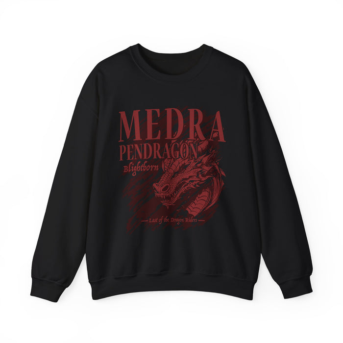 Bloodwing Academy inspired oversized crewneck sweatshirt by thtgrlreads featuring a vintage-style red graphic of Medra Pendragon dragon and text on a soft black Comfort Colors fabric, part of Crewnecks and Bloodwing Academy collections.