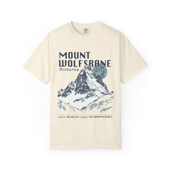 Thtgrlreads Wolves of Ruin collection vintage wash Comfort Colors graphic tee featuring a detailed mountain illustration and stylized text, unisex fit for fantasy romance fans.