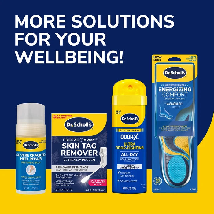 Odor-X athlete's foot liquid spray and other Dr. Scholl's products lineup on graphic.