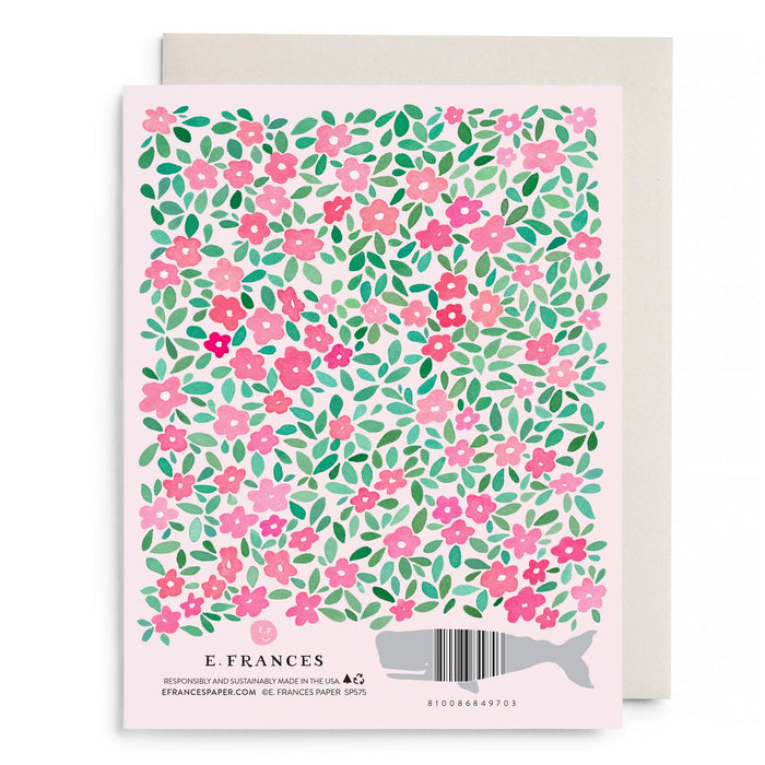 Bridal greeting card back with E. Frances logo, barcode, and fine print.