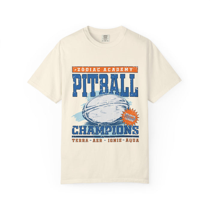 Zodiac Academy tee from thtgrlreads featuring a vintage wash Comfort Colors graphic tee with bold blue and orange Pitball Champions print celebrating the fantasy sports league.