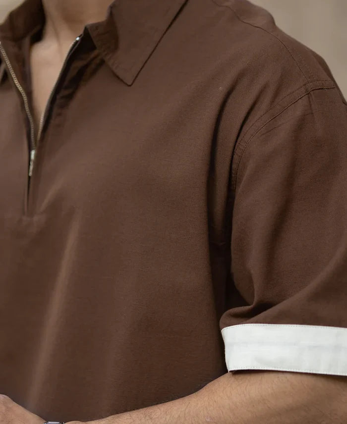 Powerlook Dark Brown Cotton Boxy Fit Zip-Up Shirt