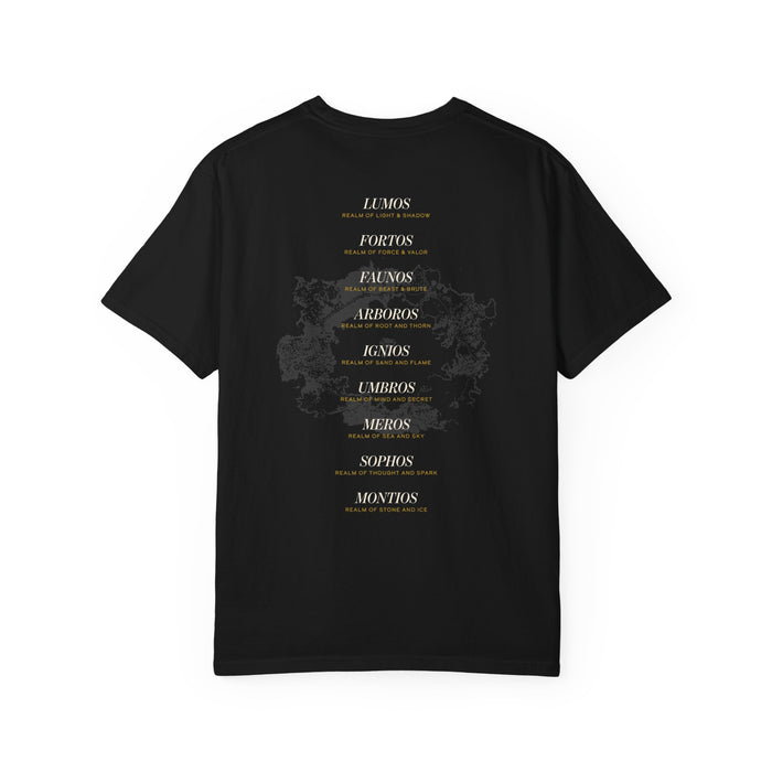 Black Comfort Colors graphic tee from thtgrlreads featuring a vintage wash and printed with a list of fantasy realm names in gold text, inspired by the Kindred's Curse Saga collection.