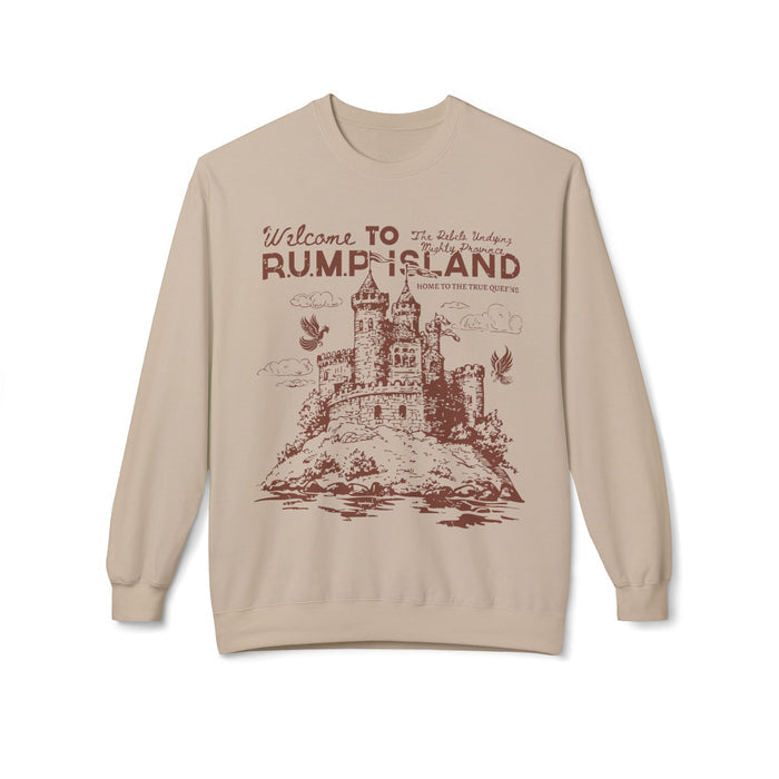 thtgrlreads Bloodwing Academy merch featuring a vintage wash Comfort Colors oversized crewneck sweatshirt with a sepia-toned castle graphic and stylized text reading "Welcome to Rump Island" in a cozy fantasy romance design.