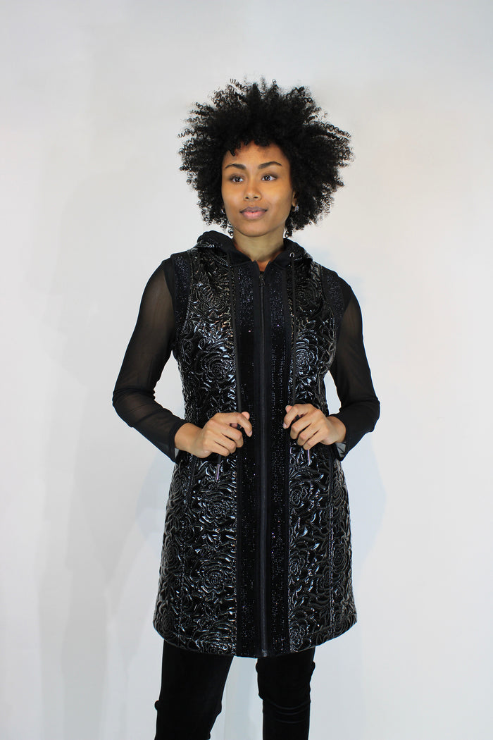 Shiny Floral Zip Vest with Collar
