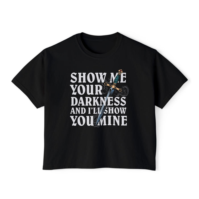 Thtgrlreads Lady of Darkness & Legacy Series black Comfort Colors crop top featuring a vintage wash and bold graphic text with a detailed sword illustration, perfect for romantasy book fans.