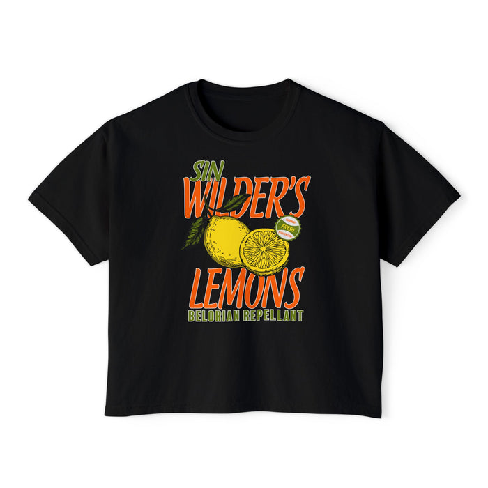 Thtgrlreads Darkmore Penitentiary collection women's black Comfort Colors crop top featuring a vintage-style graphic of lemons with "Sin Wilder's Lemons" and "Belorian Repellant" text in bold orange and green letters.