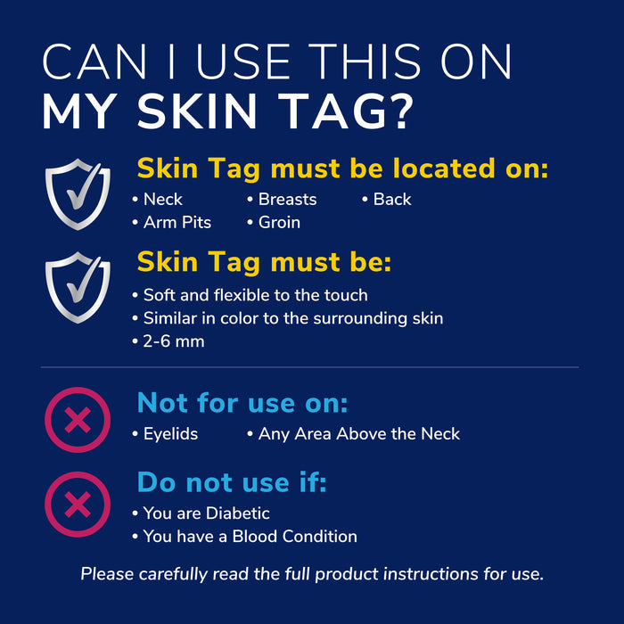 Skin tag use guide showing where to apply and where not to use