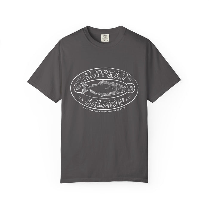 Zodiac Academy-themed Comfort Colors graphic tee from thtgrlreads featuring a vintage wash and a white line art "Slippery Salmon" print, part of the Tees collection.