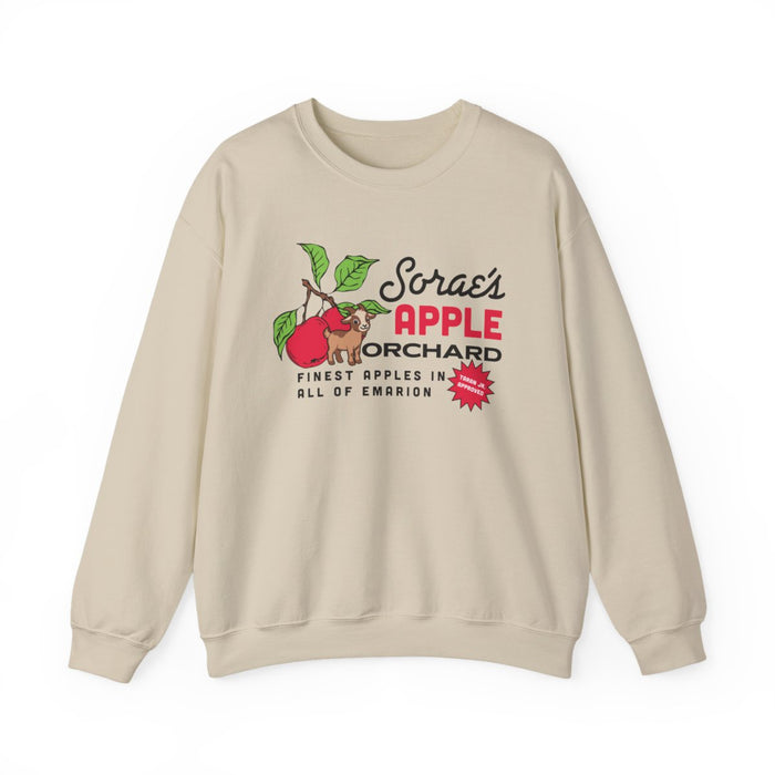 thtgrlreads oversized crewneck sweatshirt featuring a vintage-style graphic of a branch with apples and text referencing Sorae’s Apple Orchard in Emarion, printed on a soft cream Comfort Colors base.