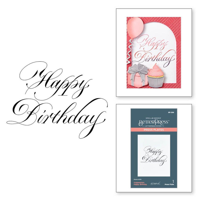 Spellbinders - Press Plate By Paul Antonio - Copperplate - Happy Birthday. Copperplate Happy Birthday Press Plate is part of the Copperplate Everyday Sentiments Collection by Paul Antonio. Available at Embellish Away located in Bowmanville Ontario Canada.