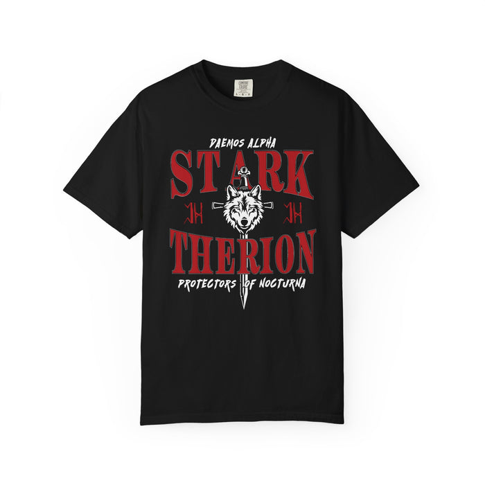 Unisex Comfort Colors graphic tee from thtgrlreads featuring Wolves of Ruin design with bold red gothic text and a detailed wolf head illustration, part of official licensed bookish apparel collections.