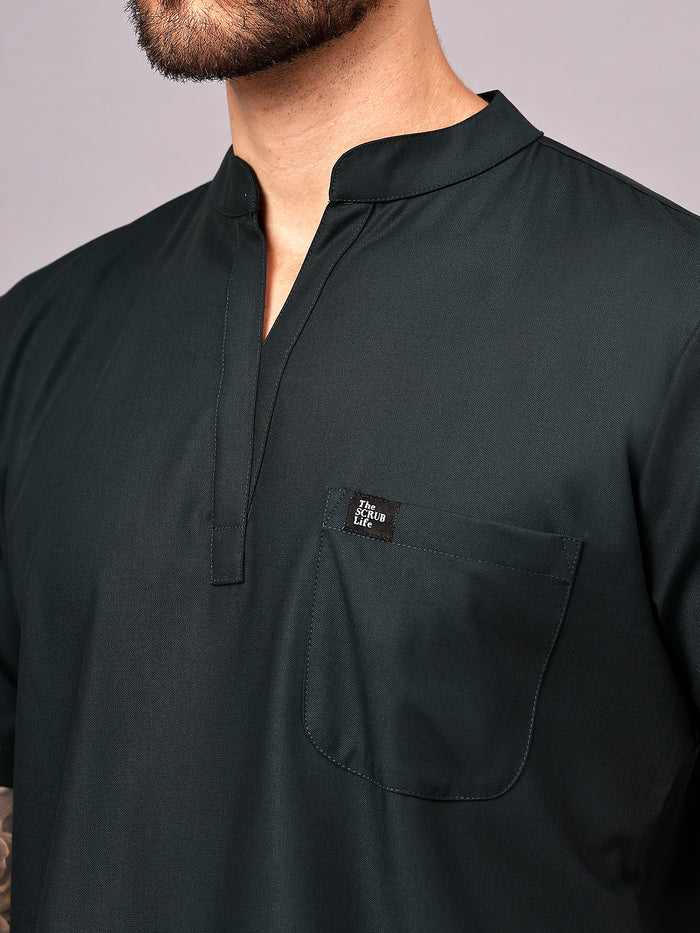 Stretchable (4Way) Men Mandarin Neck Mid Night Green Scrub Top