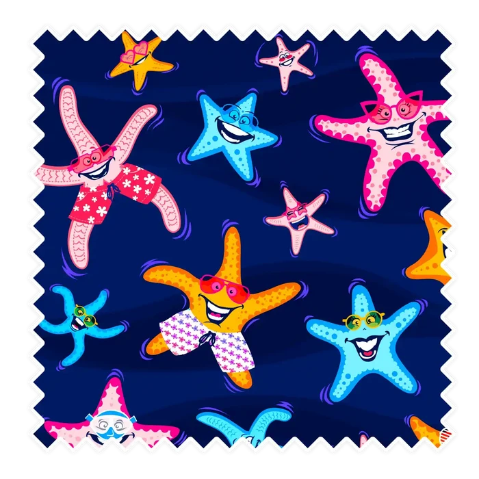 Nachhaltige Badehose aus recyceltem Material – Muster Super Starfish von Noah*s Ocean.