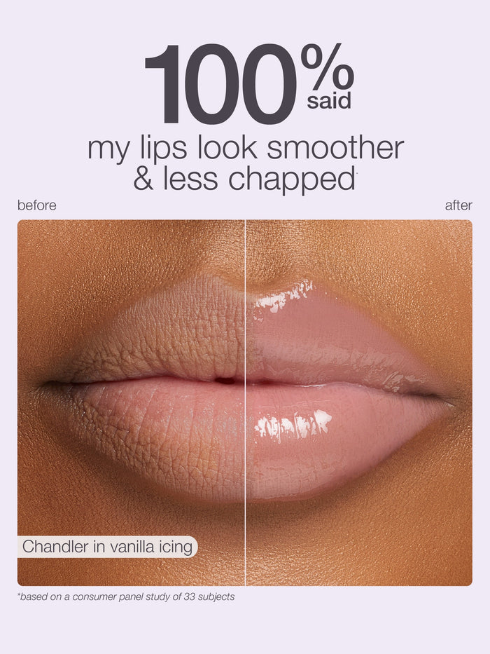 Lips appear smoother and less chapped, with a glossy texture on the right. Text reads: 100% said my lips look smoother & less chapped, Chandler in vanilla icing, based on a study of 33 subjects.