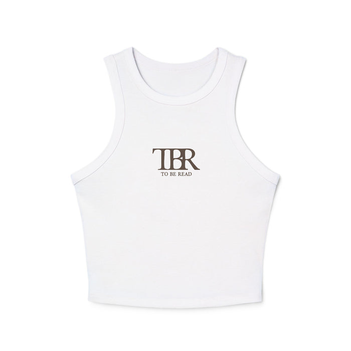 thtgrlreads white comfort colors cropped tank top featuring a minimalist "TBR To Be Read" bookish graphic, part of Book Bestie and Off Brand collections, soft vintage wash fabric.