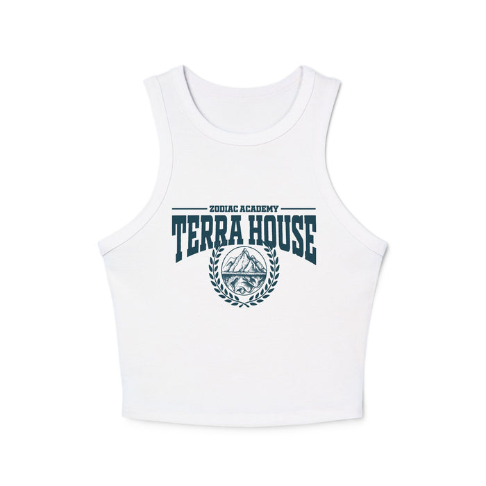 Zodiac Academy Terra House themed women's white cropped tank top from thtgrlreads featuring vintage wash fabric and bold collegiate-style dark blue graphic print.