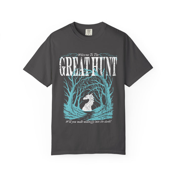 Thtgrlreads officially licensed Comfort Colors graphic tee from the Hollow collection featuring a vintage wash dark gray base with a bold fantasy forest and dragon design in light blue and white.