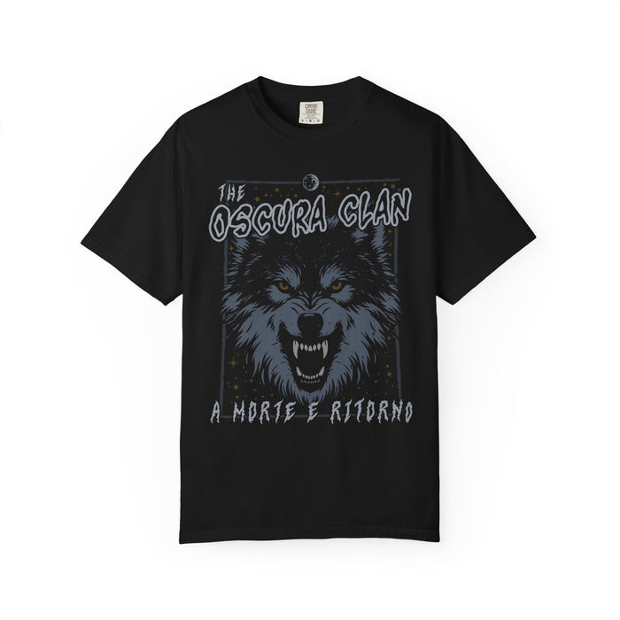 A black Comfort Colors graphic tee from thtgrlreads featuring a vintage-inspired print of a snarling wolf head and text referencing the Ruthless Boys of the Zodiac and Darkmore Penitentiary collections.